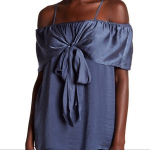 PLEIONE Cold Shoulder Hammered Satin Ruffle Blouse